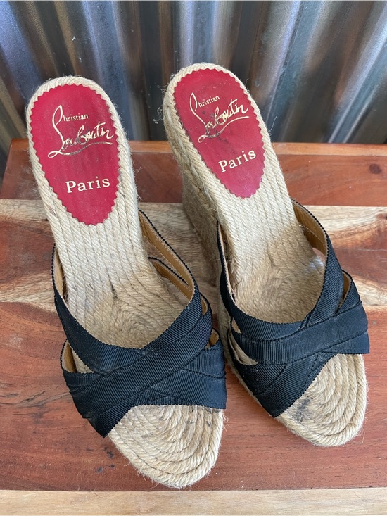 Christian Louboutin Shoes - Christian Louboutin Black Espadrille Wedge Slides with Red Insoles